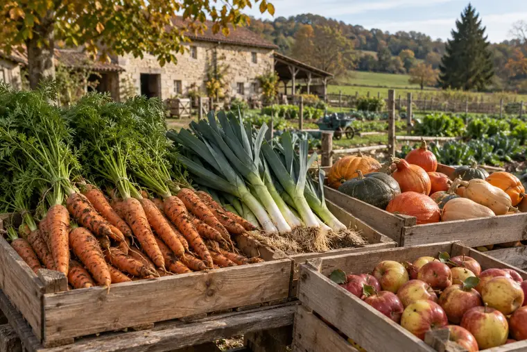 Des cagettes de légumes et de pommes devant une ferme, illustration des achats de proximité