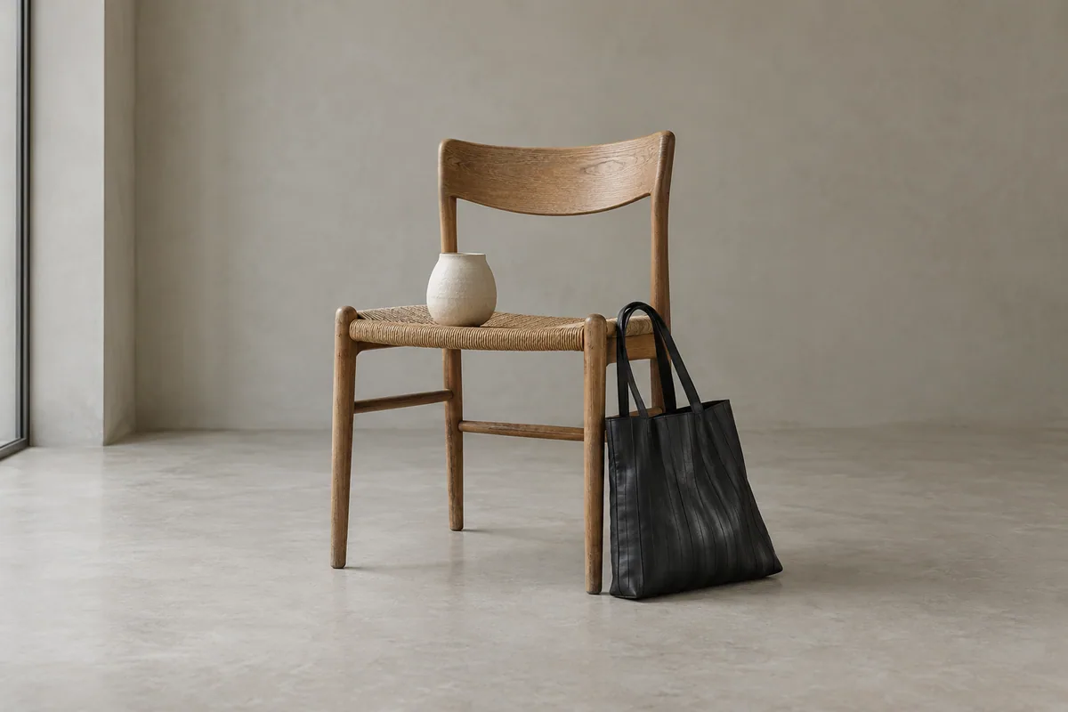 Une chaise en bois, un vase et un sac, illustration des objets à découvrir en seconde main